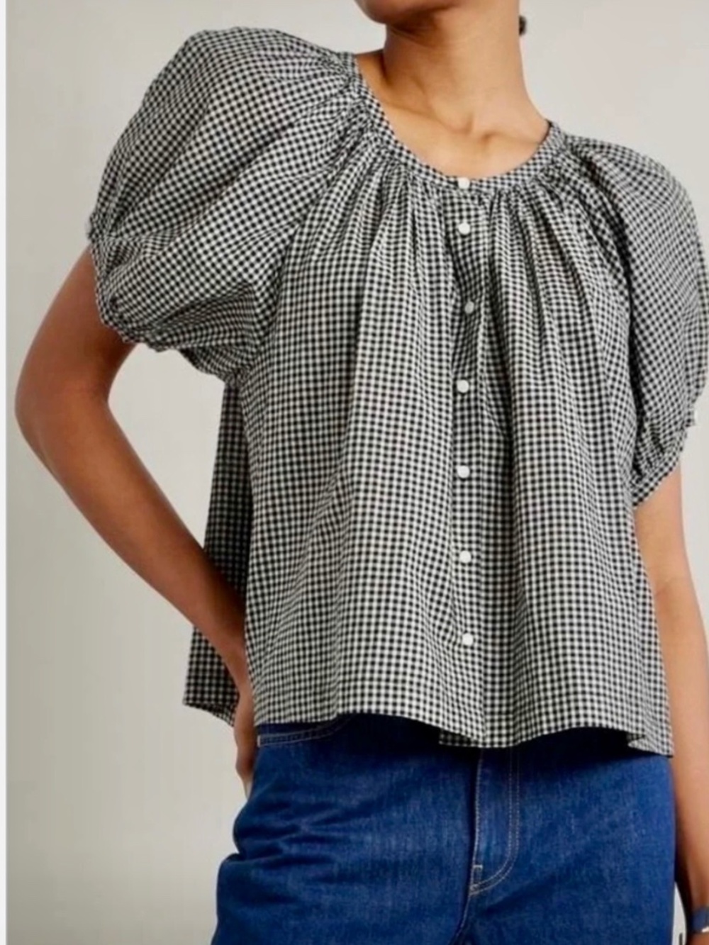 Industry brand Gingham Puff-Sleeve Button-Front Blouse - Navy/White